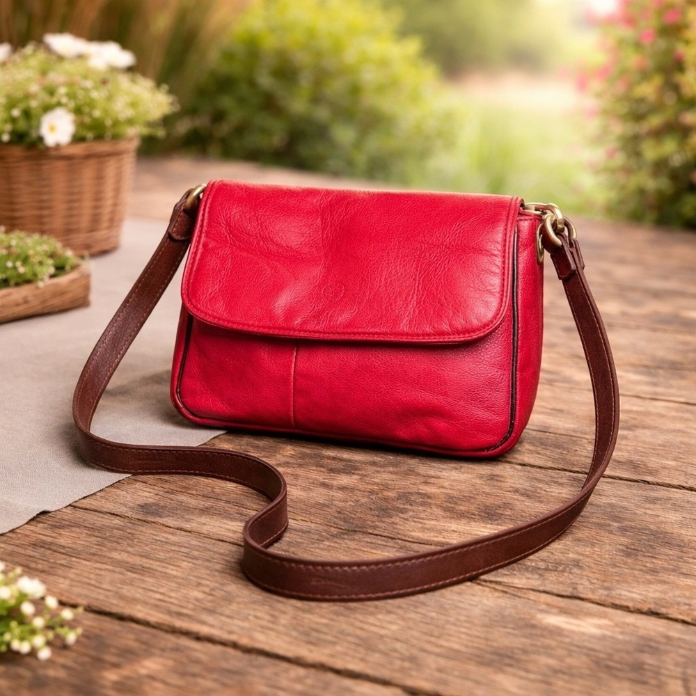 Valentina Red Leather Crossbody Bag Made in Italy Brown Trim‎ Flap Shoulder Bag